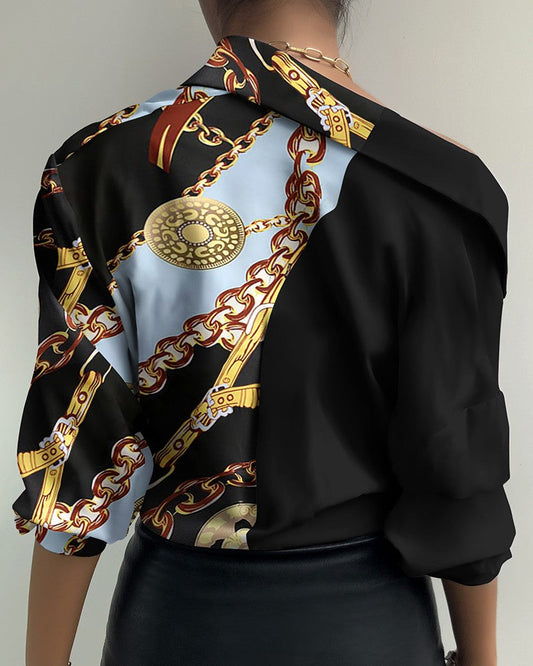 Chain Print Button Design Long Sleeve Shirt