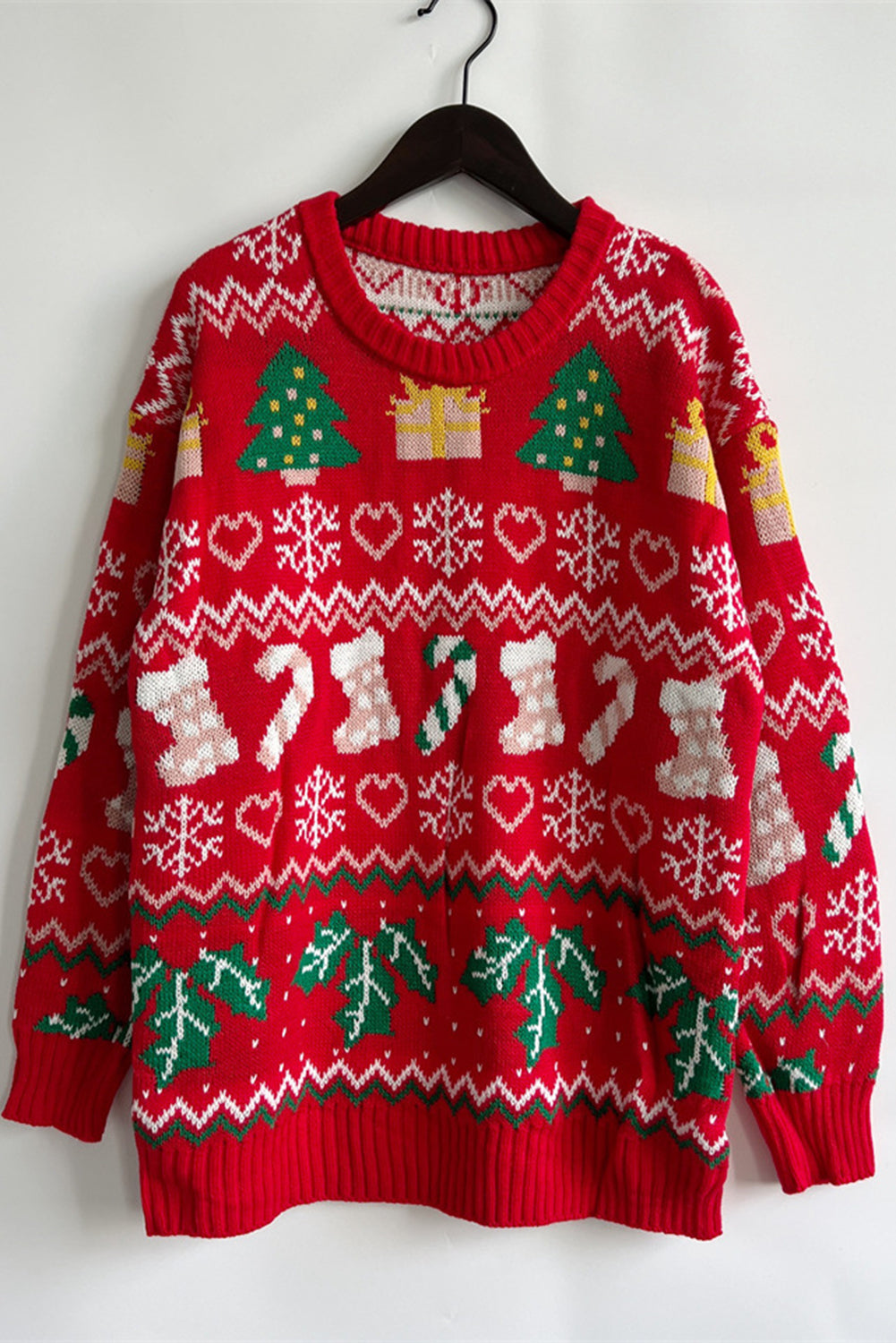 Fiery Red Christmas Pattern Drop Shoulder Knitted Sweater