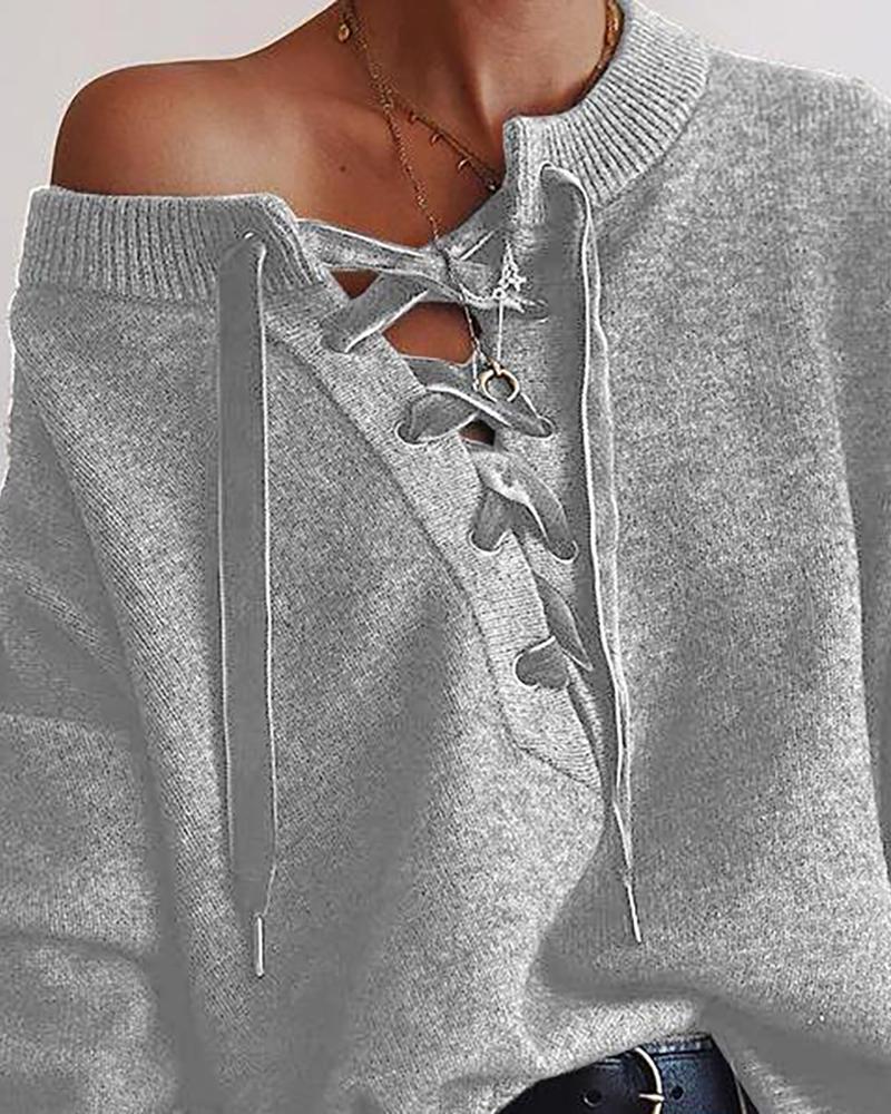 Solid Eyelet Lace Up Elastic Hem Sweater