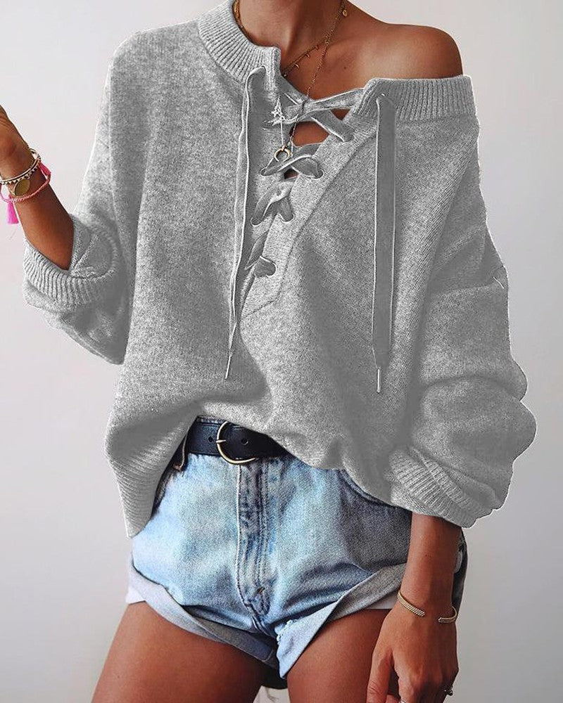 Solid Eyelet Lace Up Elastic Hem Sweater