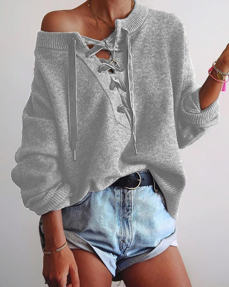 Solid Eyelet Lace Up Elastic Hem Sweater