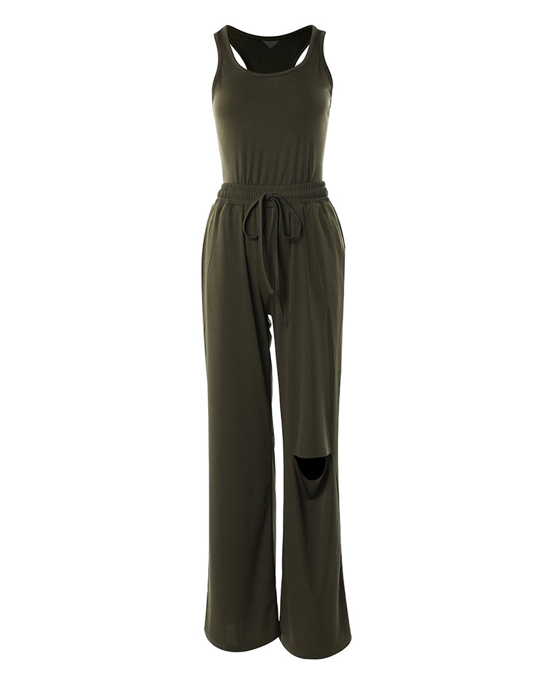 U Neck Bodysuit & Drawstring Cutout Wide Leg Pants Set