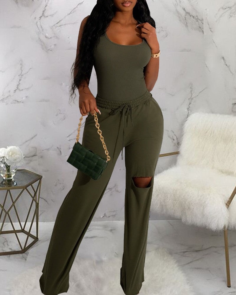 U Neck Bodysuit & Drawstring Cutout Wide Leg Pants Set