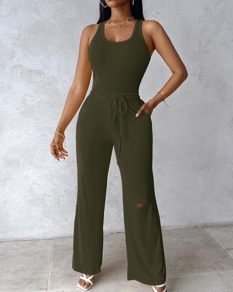 U Neck Bodysuit & Drawstring Cutout Wide Leg Pants Set