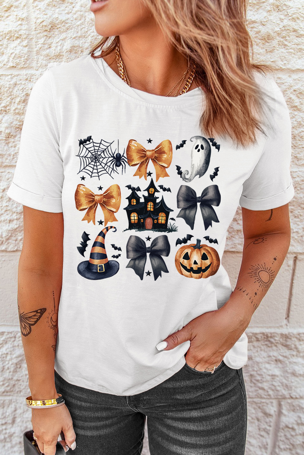 White Bowknot Pumpkin Ghost Halloween Print Round Neck T Shirt