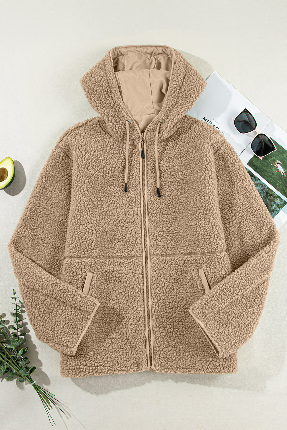 Pale Khaki Fleece Zip Up Drawstring Hooded Pocketed Jacket