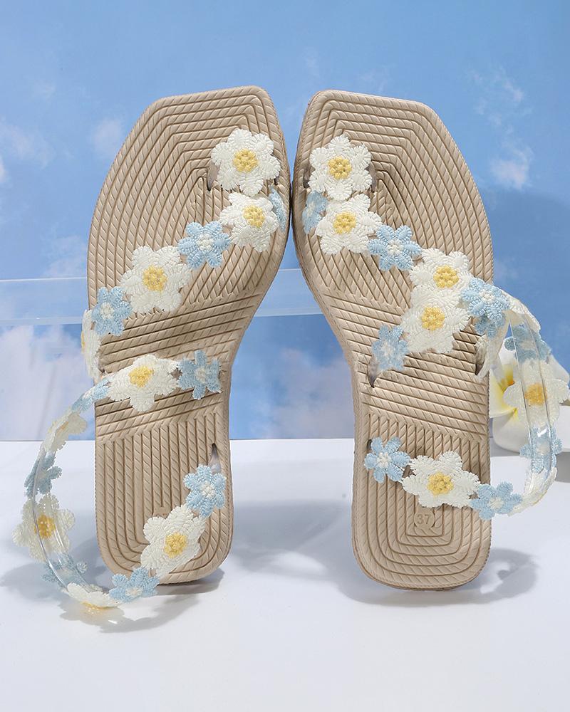 Lace Floral Pattern Toe Ring Summer Beach Sandals