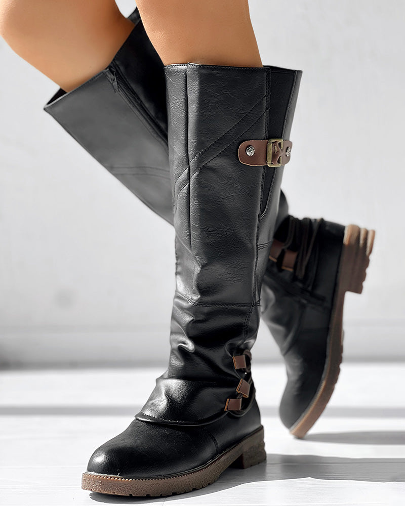 Side Zipper Buckled Round Toe Calf Boots