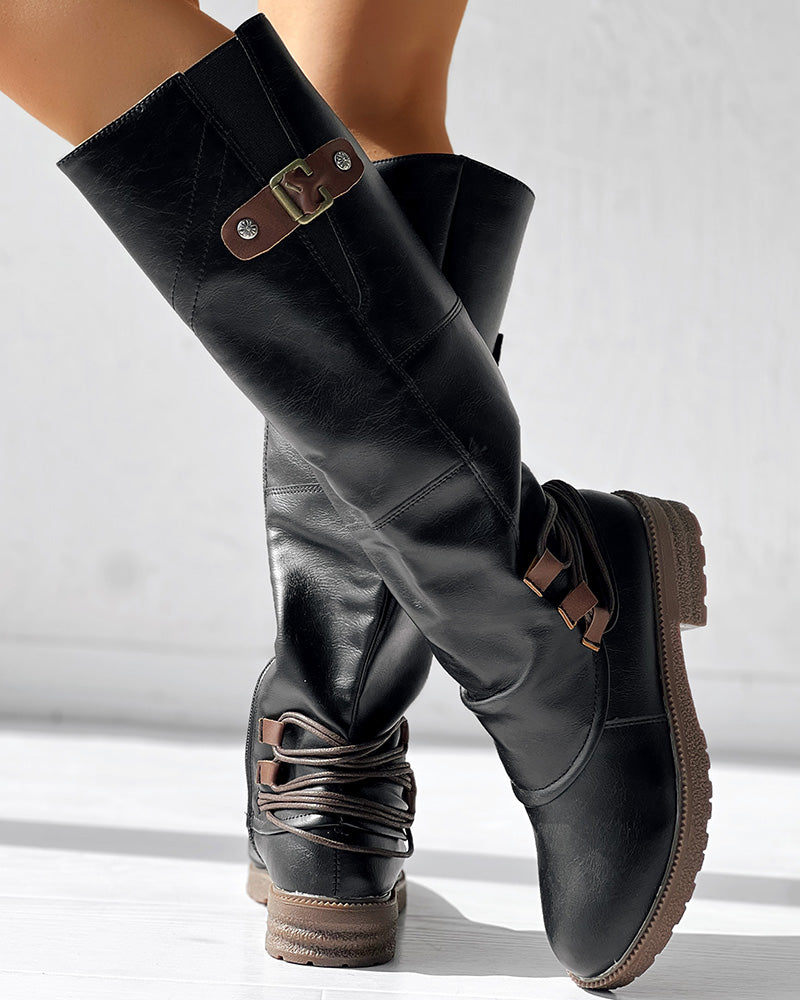 Side Zipper Buckled Round Toe Calf Boots