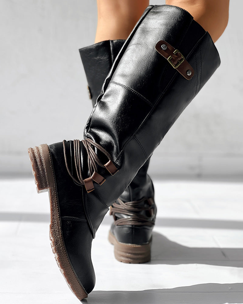 Side Zipper Buckled Round Toe Calf Boots