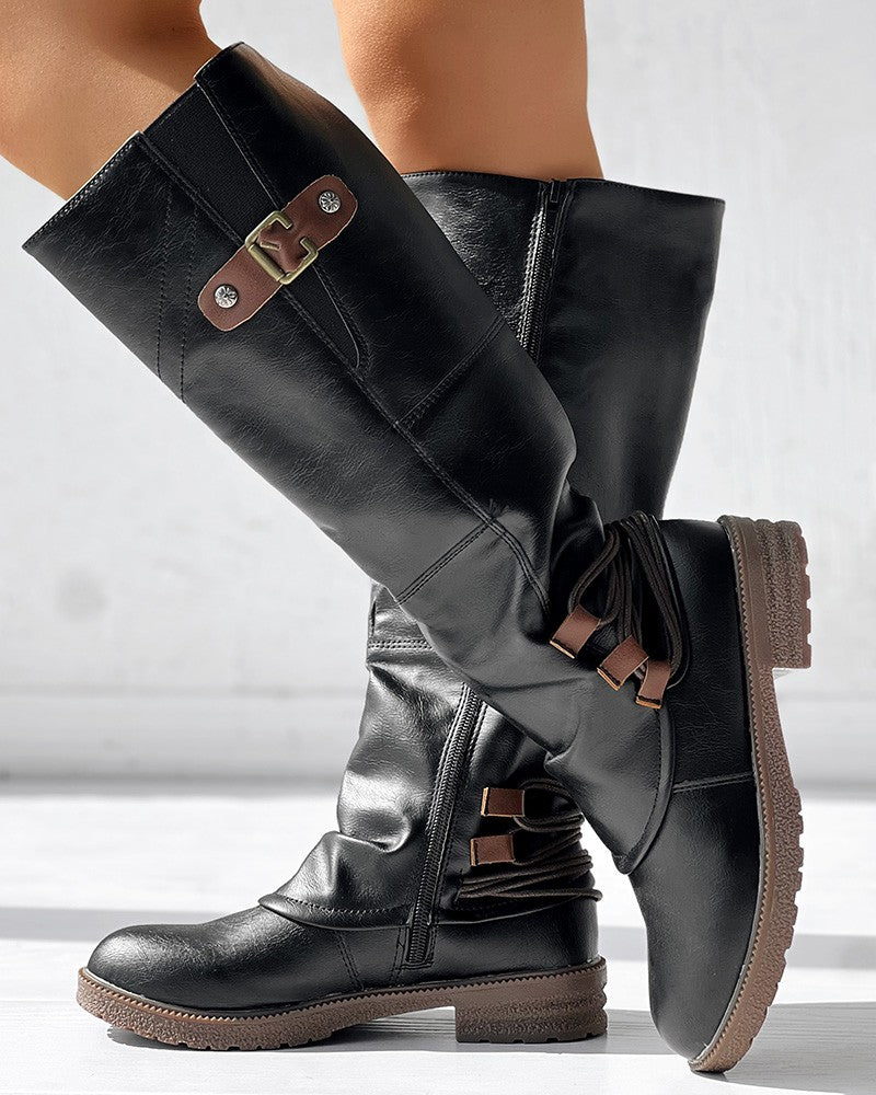 Side Zipper Buckled Round Toe Calf Boots