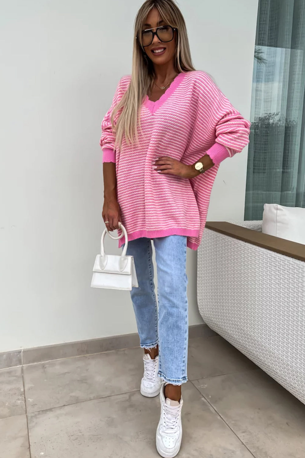 Pink Striped Scallop V Neck Loose Sweater with Slits