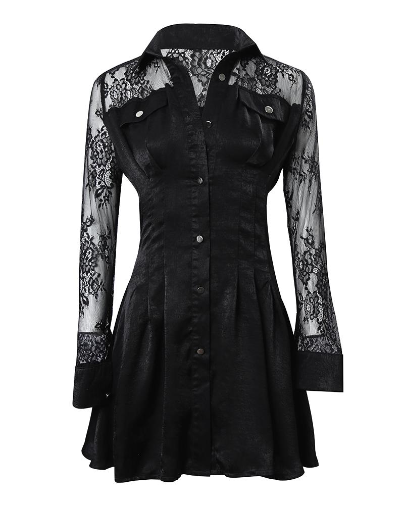 Contrast Lace Long Sleeve Button Down Shirt Dress