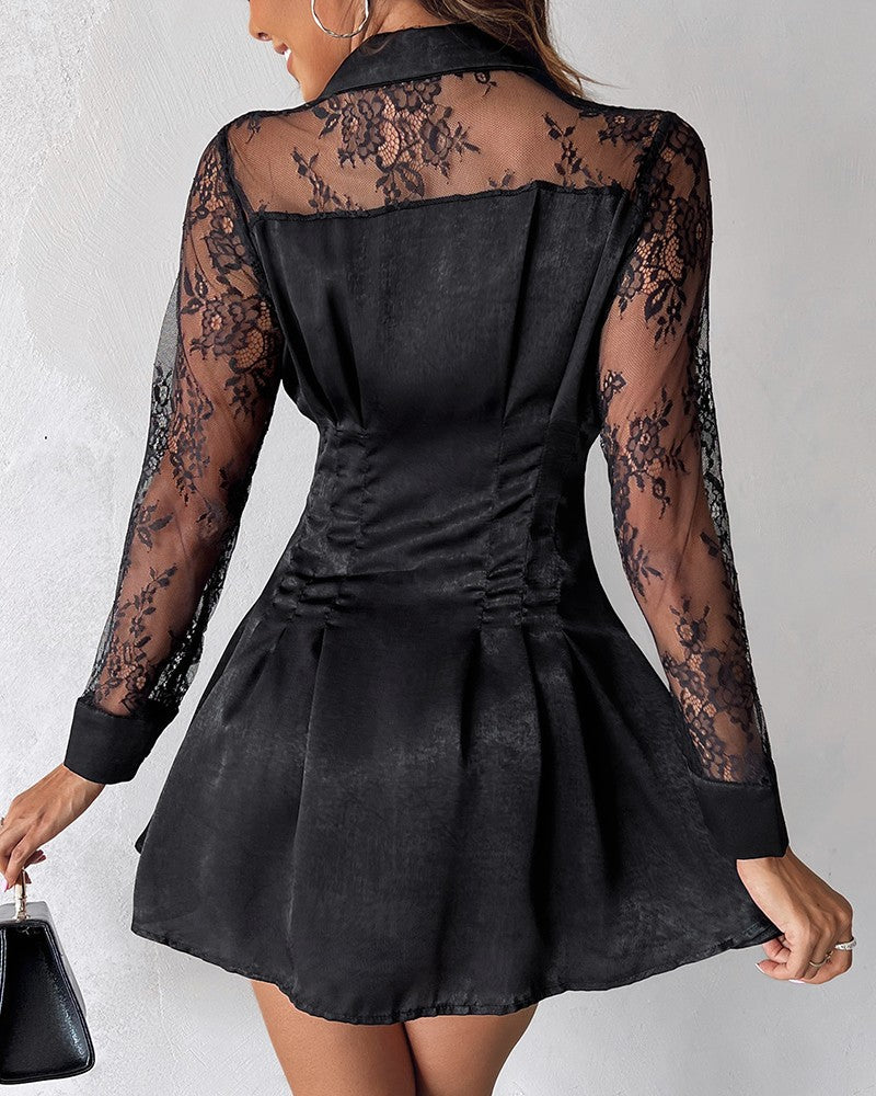 Contrast Lace Long Sleeve Button Down Shirt Dress