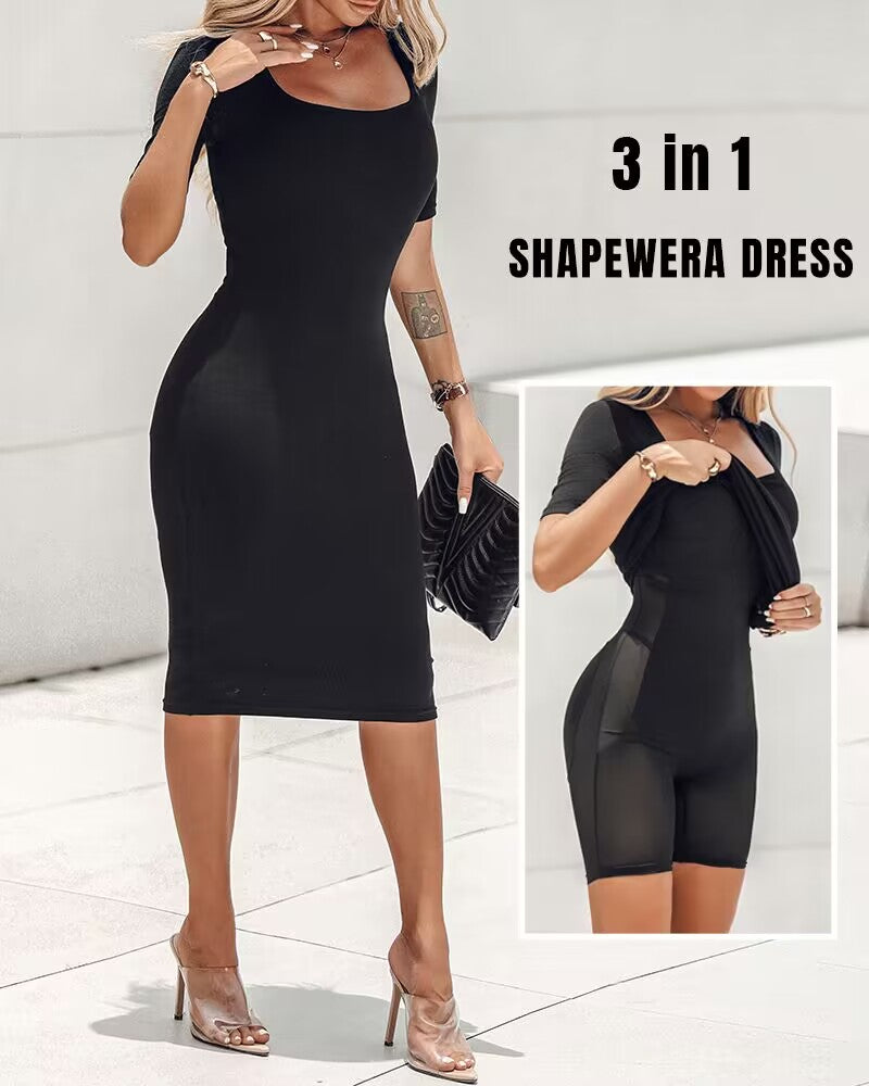 BUILT IN SHAPEWEAR Short Sleeve Square Neck Slim Fit Midi Dress