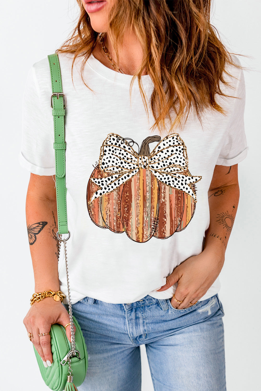 White Thanksgiving Bow Knot Pumpkin Print Round Neck T Shirt