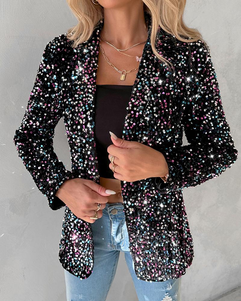 Long Sleeve Shawl Neck Sequin Blazer Coat