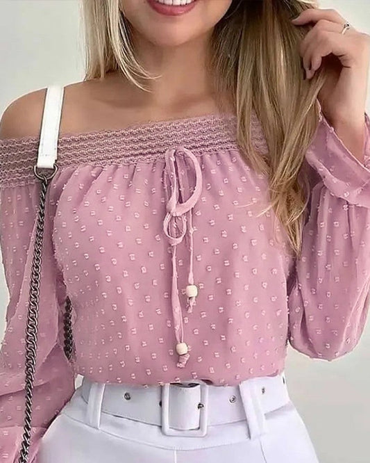 Contrast Lace Off Shoulder Swiss Dot Chiffon Top