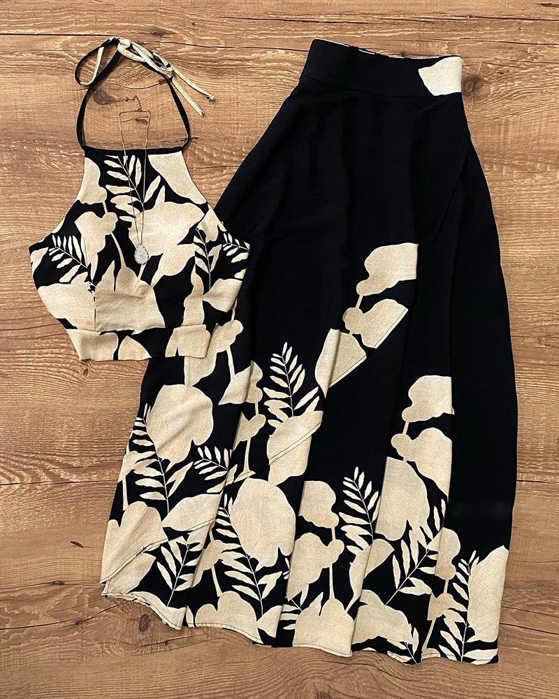 Plants Print Halter Top & Pleated Skirt Set