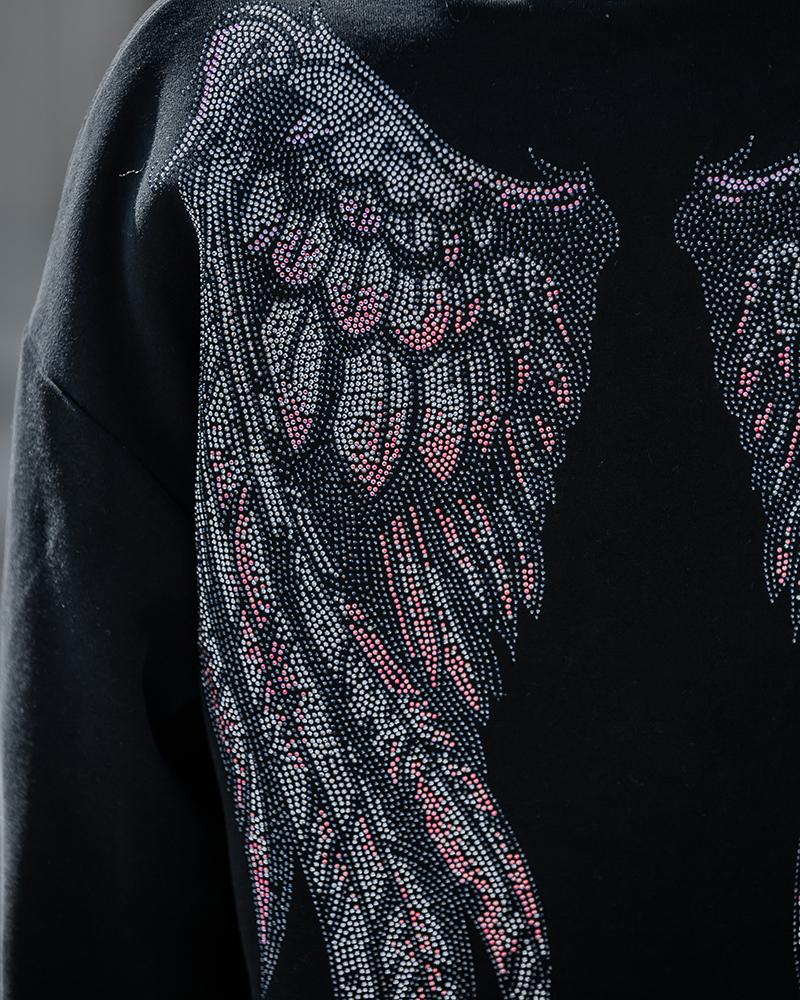 Rhinestone Letter Wings Pattern Crewneck Drop Shoulder Sweatshirt