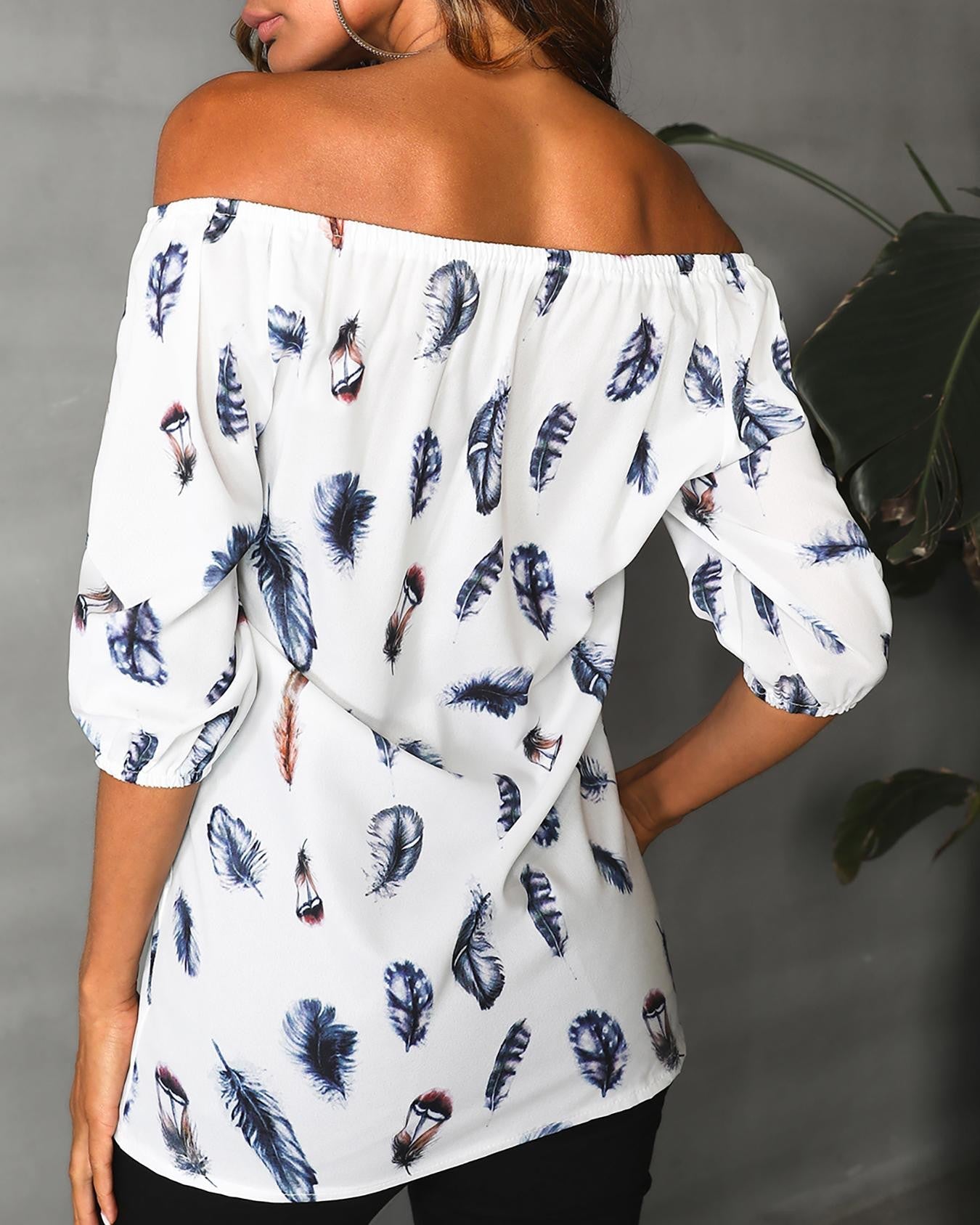 Off Shoulder Feather Print Blouse