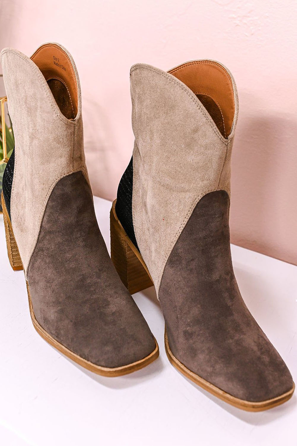 Carbon Grey Colorblock Suede Heeled Ankle Booties