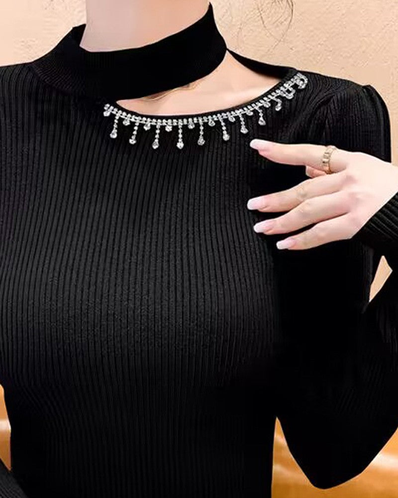 Rhinestone Tassel Design Cutout Knit Sweater