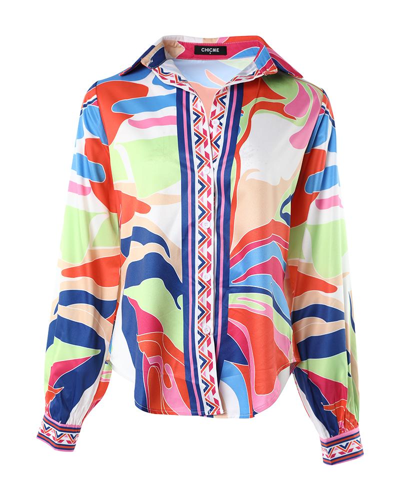 Abstract Print Lantern Sleeve Button Down Shirt