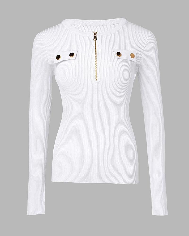 Crewneck Long Sleeve Knit Sweater Half Zipper Design Casual Pullover Knit Tops