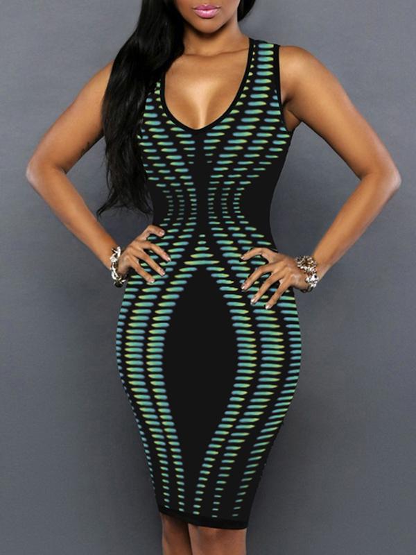 Women Sexy V Neck Multicolor Stripe Print Sleeveless Bodycon Dress