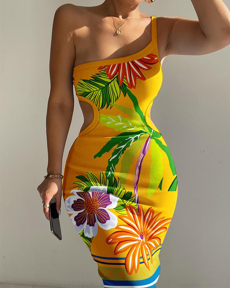 Striped Tropical Print One Shoulder Bodycon Dress