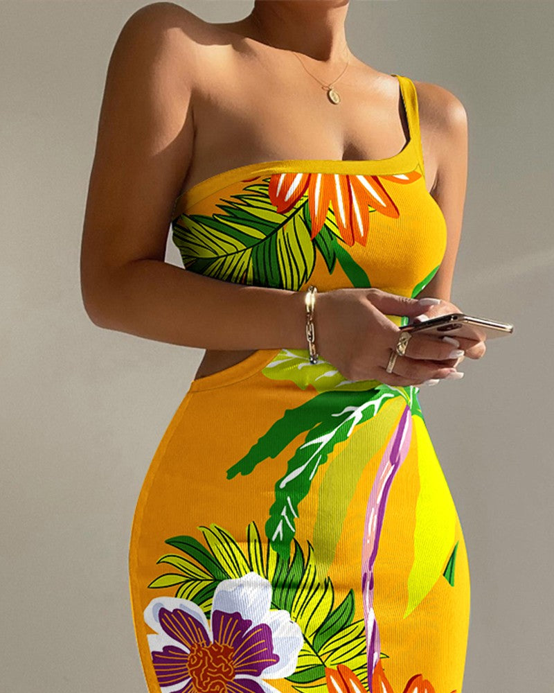 Striped Tropical Print One Shoulder Bodycon Dress