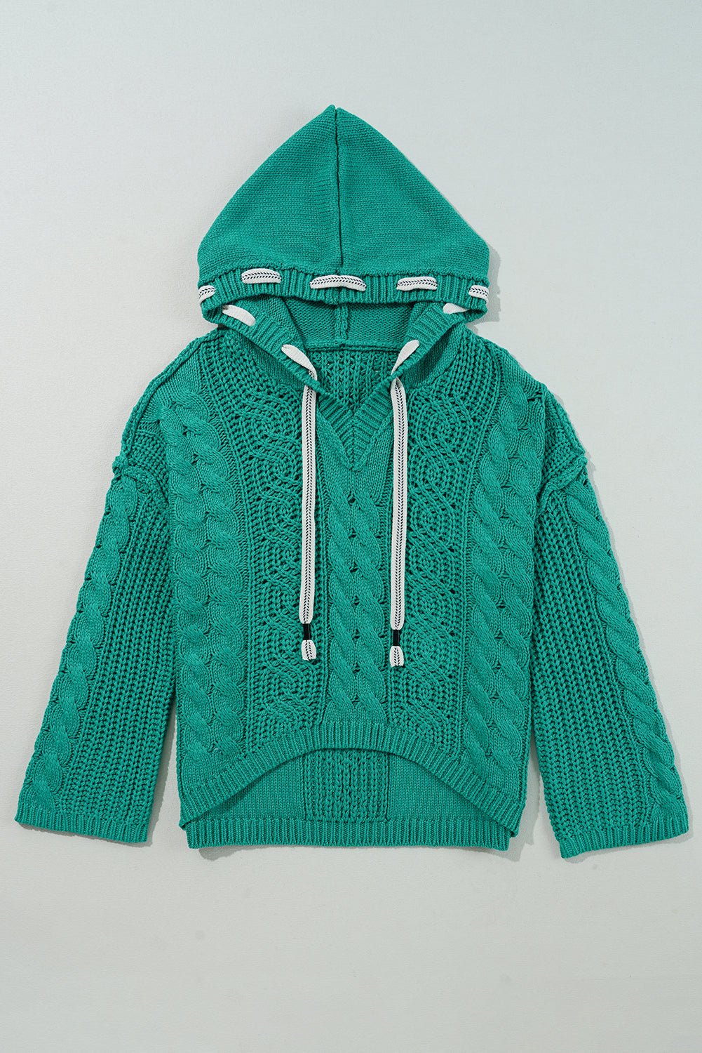 Sea Green Cable Knit V Neck Contrast Drawstring Hooded Sweater