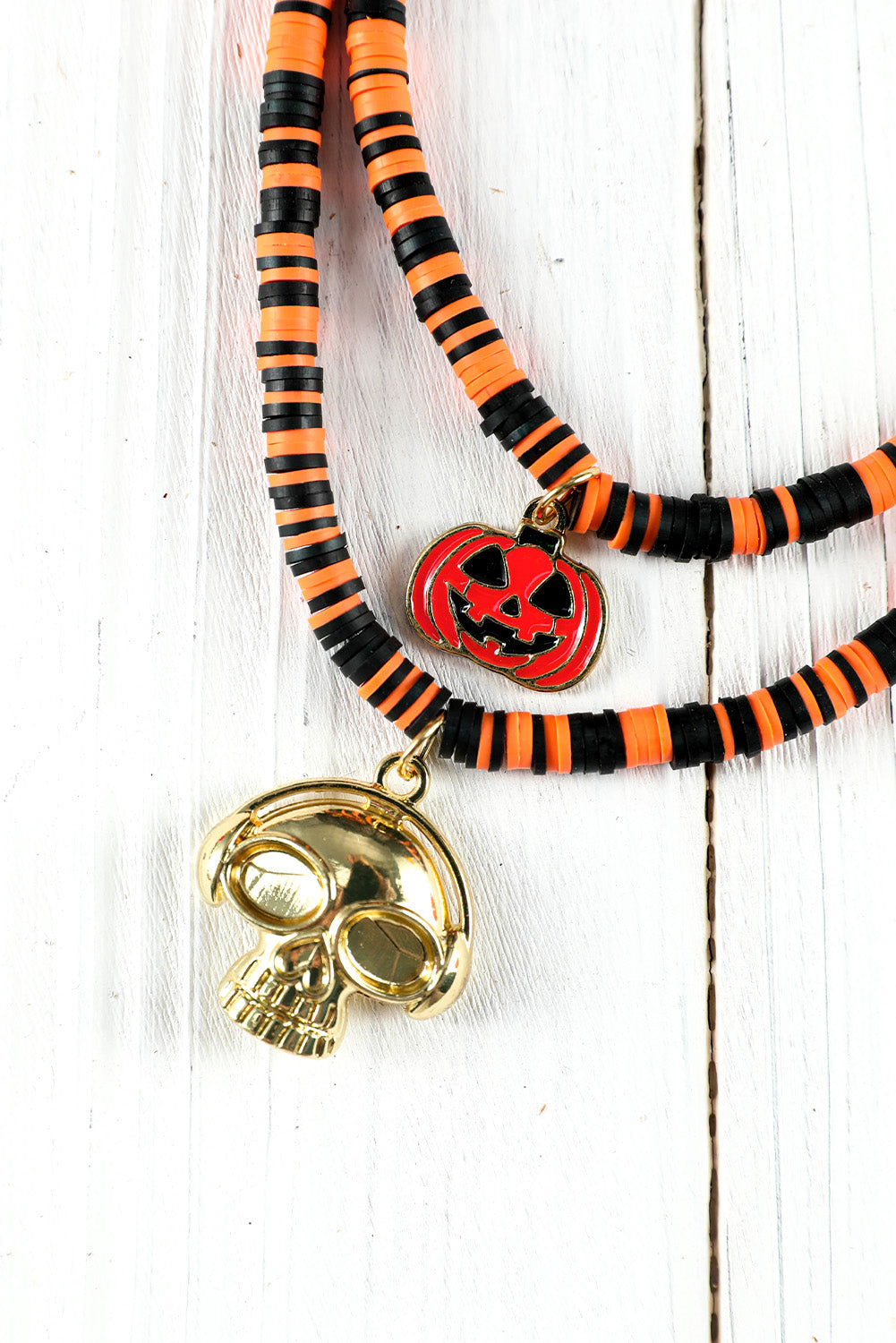 Russet Orange Skull Pumpkin Face Pendant Layered Beaded Halloween Necklace