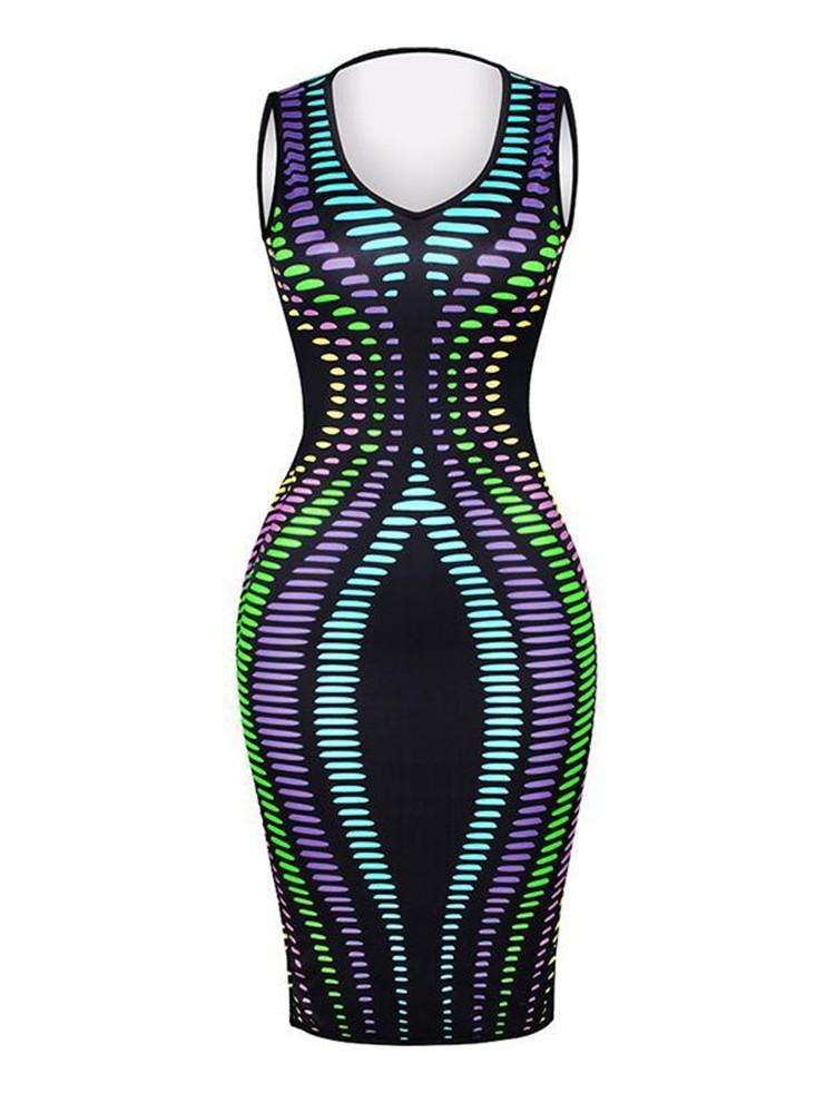 Women Sexy V Neck Stripe Print Slim Bodycon Dress