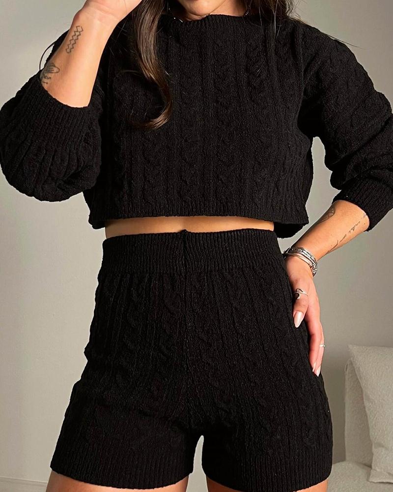 2 Piece Crewneck Long Sleeve Cable Knit Crop Sweater High Waist Shorts Tracksuits Outfits