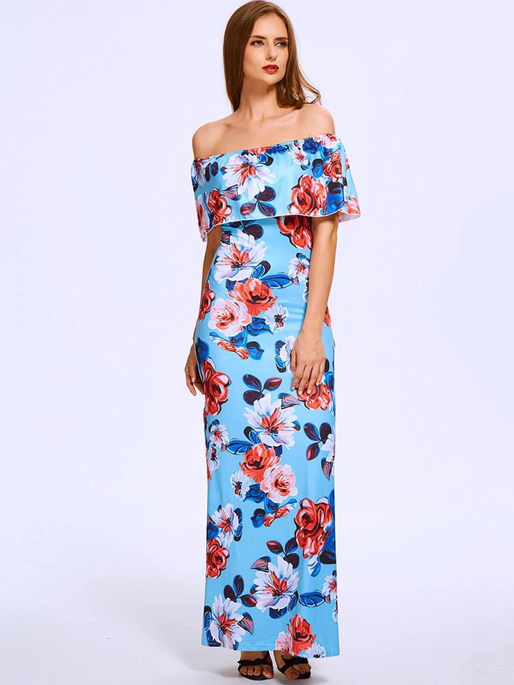 Summer Slash Neck Off Shoulder Lotus Leaf Floral Maxi Chiff Dress