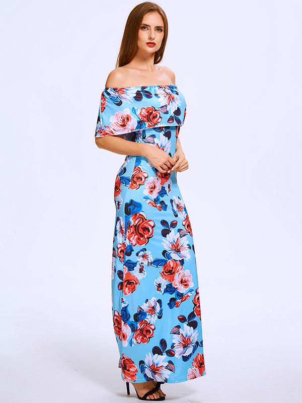 Summer Slash Neck Off Shoulder Lotus Leaf Floral Maxi Chiff Dress