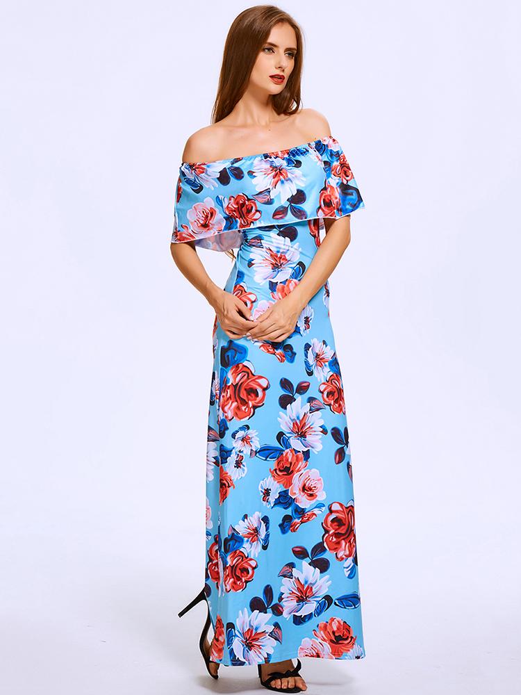 Summer Slash Neck Off Shoulder Lotus Leaf Floral Maxi Chiff Dress