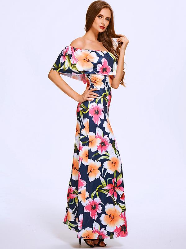 Summer Slash Neck Off Shoulder Lotus Leaf Floral Maxi Chiff Dress