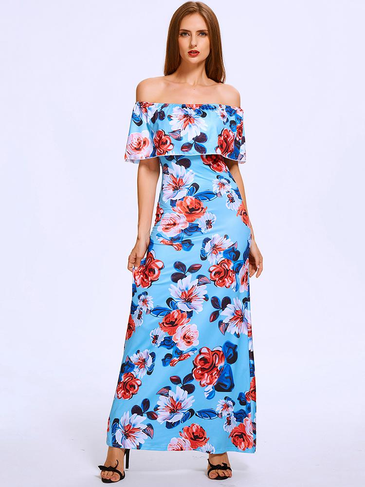 Summer Slash Neck Off Shoulder Lotus Leaf Floral Maxi Chiff Dress