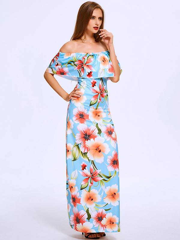 Summer Slash Neck Off Shoulder Lotus Leaf Floral Maxi Chiff Dress