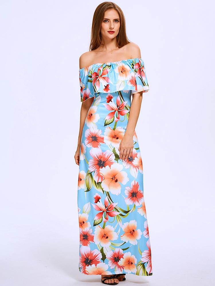 Summer Slash Neck Off Shoulder Lotus Leaf Floral Maxi Chiff Dress