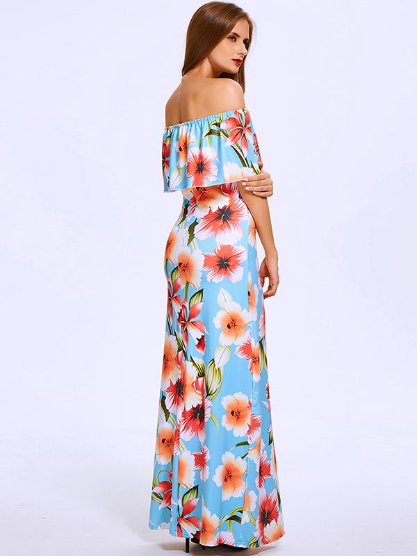 Summer Slash Neck Off Shoulder Lotus Leaf Floral Maxi Chiff Dress