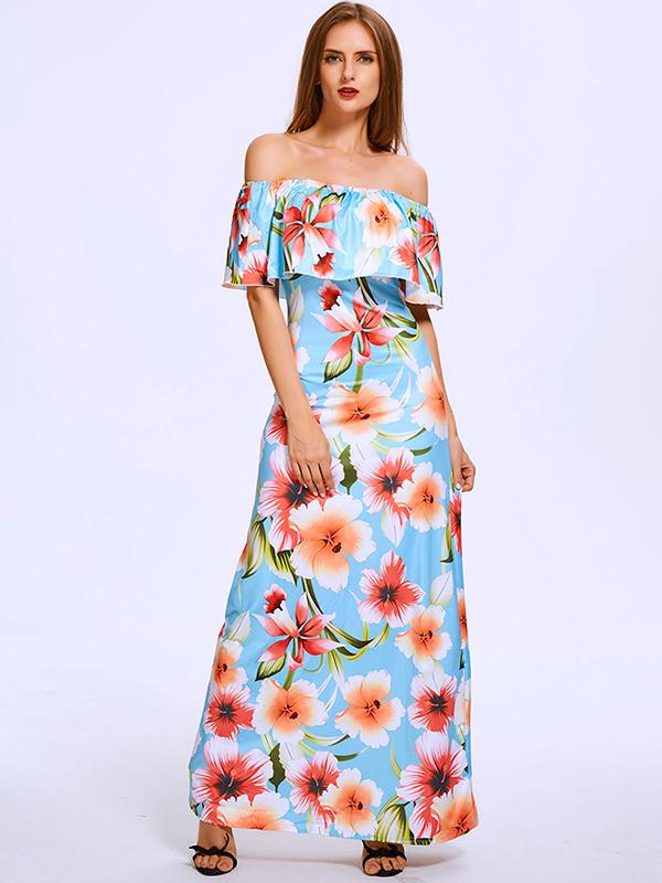 Summer Slash Neck Off Shoulder Lotus Leaf Floral Maxi Chiff Dress