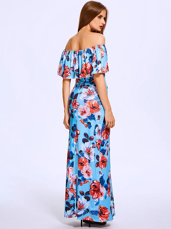 Summer Slash Neck Off Shoulder Lotus Leaf Floral Maxi Chiff Dress