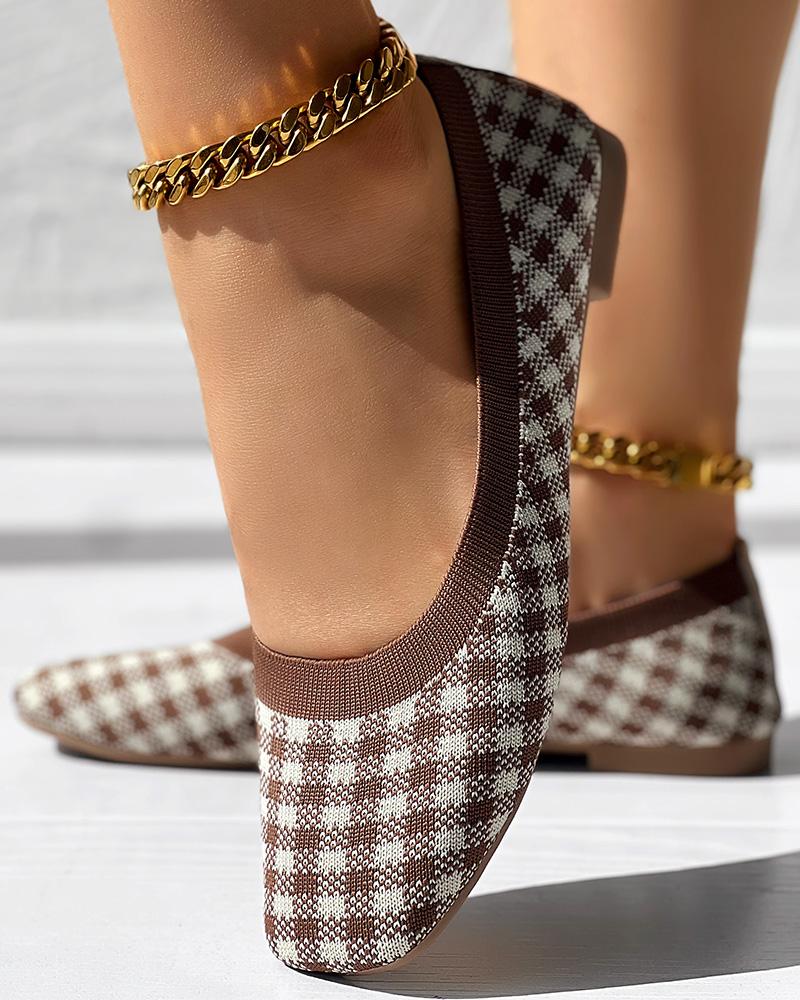 Plaid Pattern Square Toe Slip On Loafers