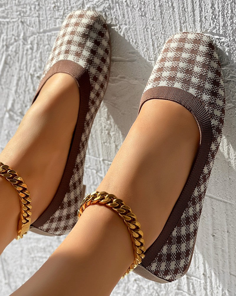 Plaid Pattern Square Toe Slip On Loafers