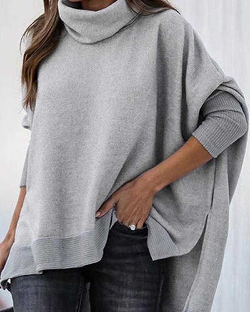 Batwing Sleeve High Low Split Hem Turtleneck Sweater