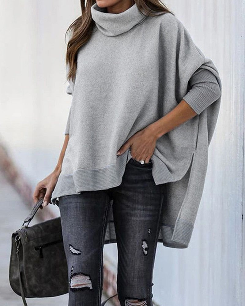 Batwing Sleeve High Low Split Hem Turtleneck Sweater